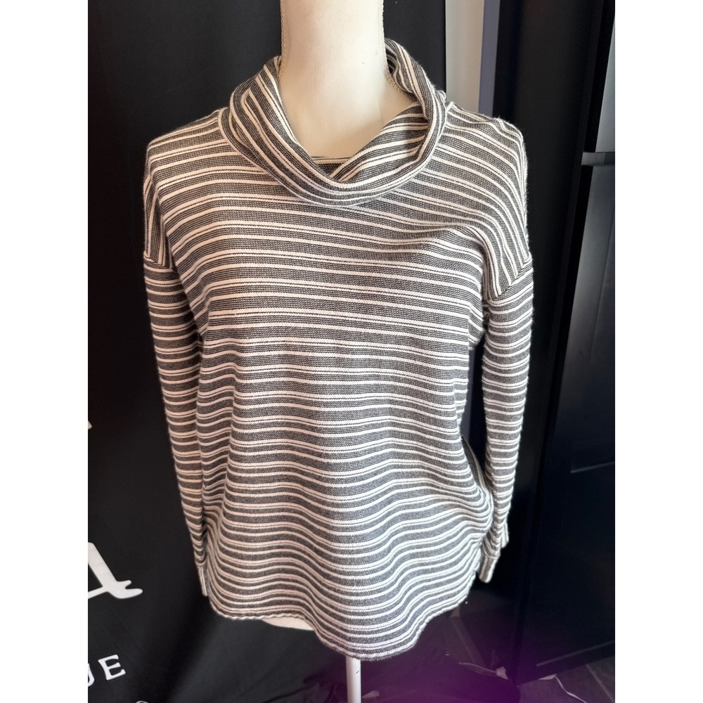 Talbots Womens Small Black White Striped Cowl Neck Button Knit Top Sweater